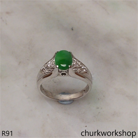 14K white gold diamond green jade ring