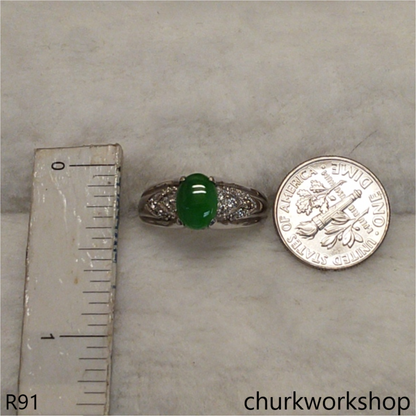 14K white gold diamond green jade ring