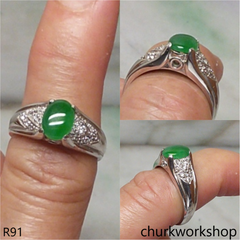 14K white gold diamond green jade ring