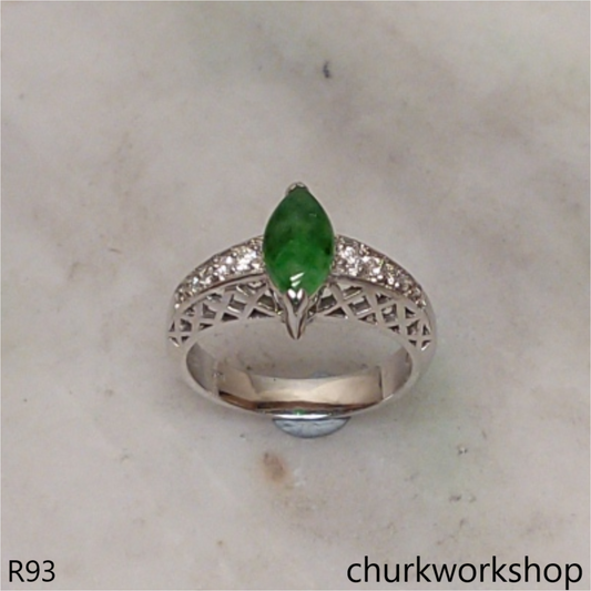 Green marquise jade 14k white gold ring