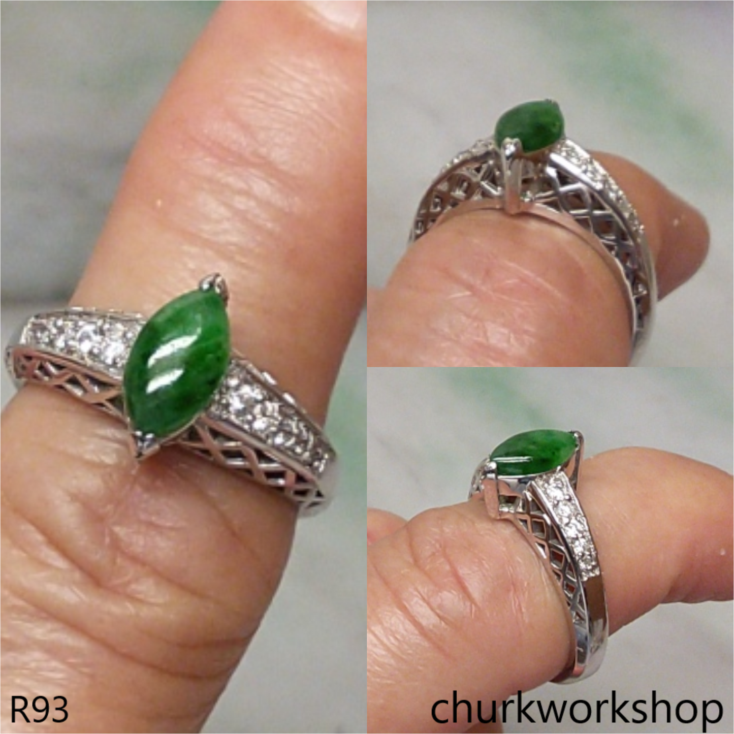 Green marquise jade 14k white gold ring