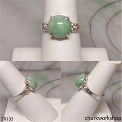 Green half bead jade ring sterling silver