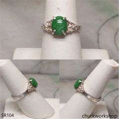 Silver green oval jade ring