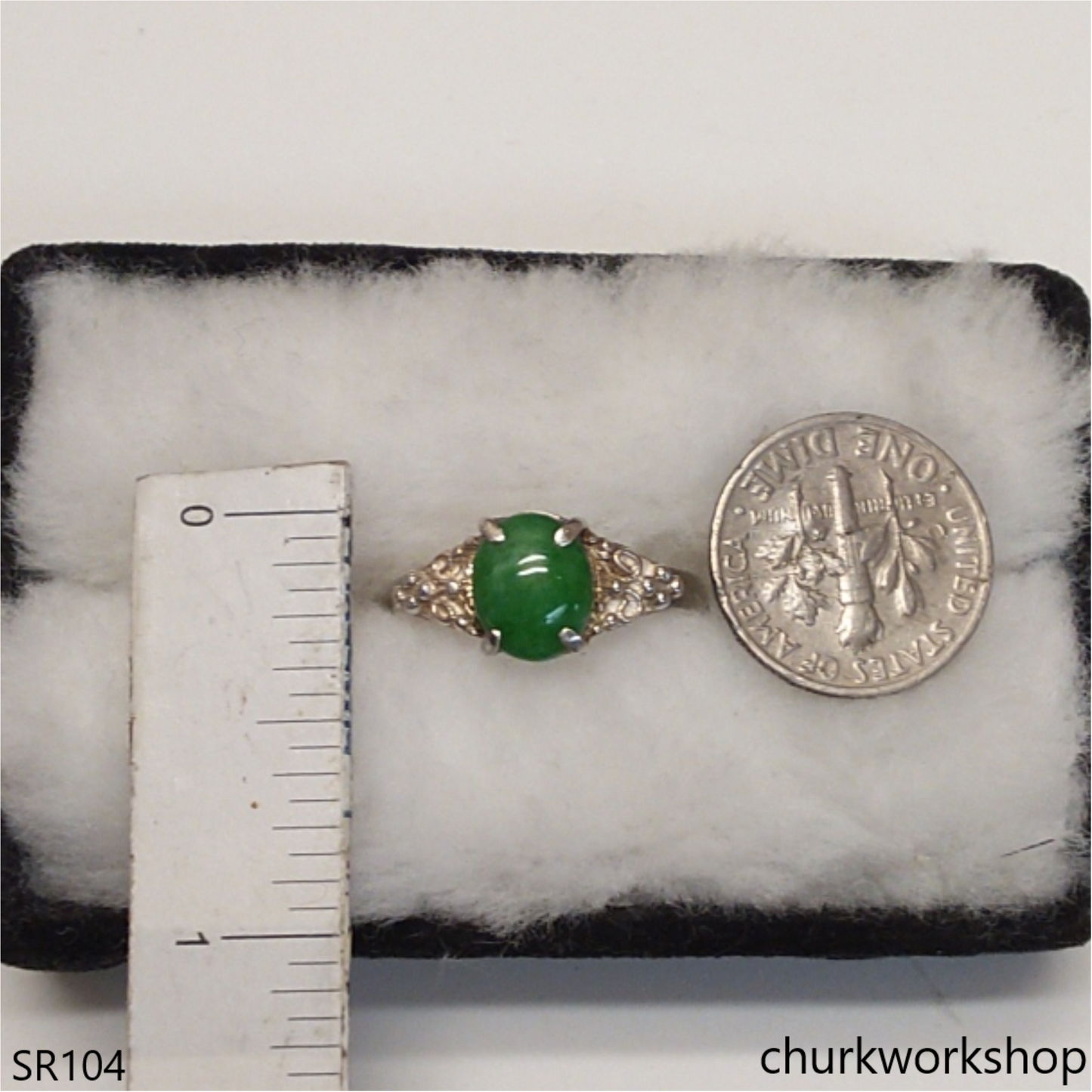 Silver green oval jade ring