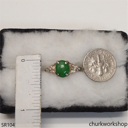 Silver green oval jade ring