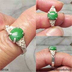 Silver green oval jade ring
