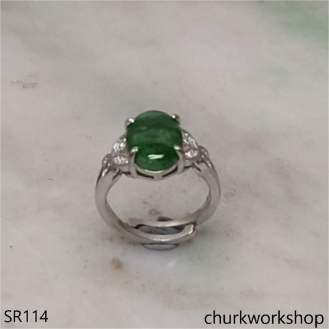 Green jade oval sterling silver ring