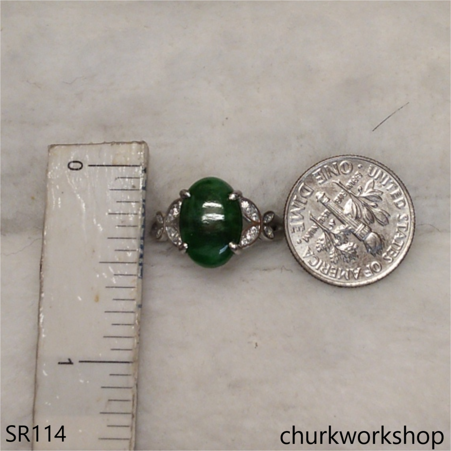 Green jade oval sterling silver ring