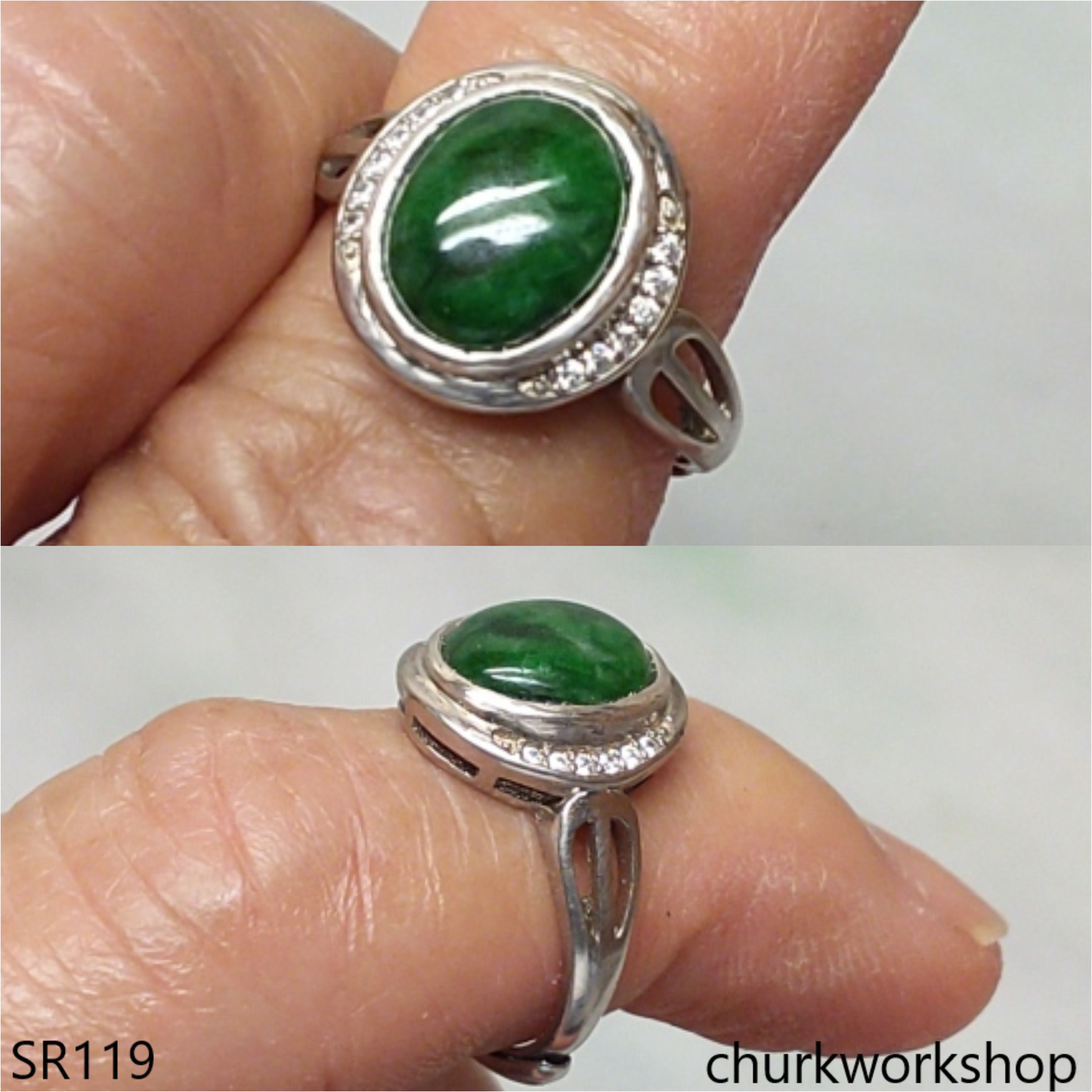 Silver dark green jade ring