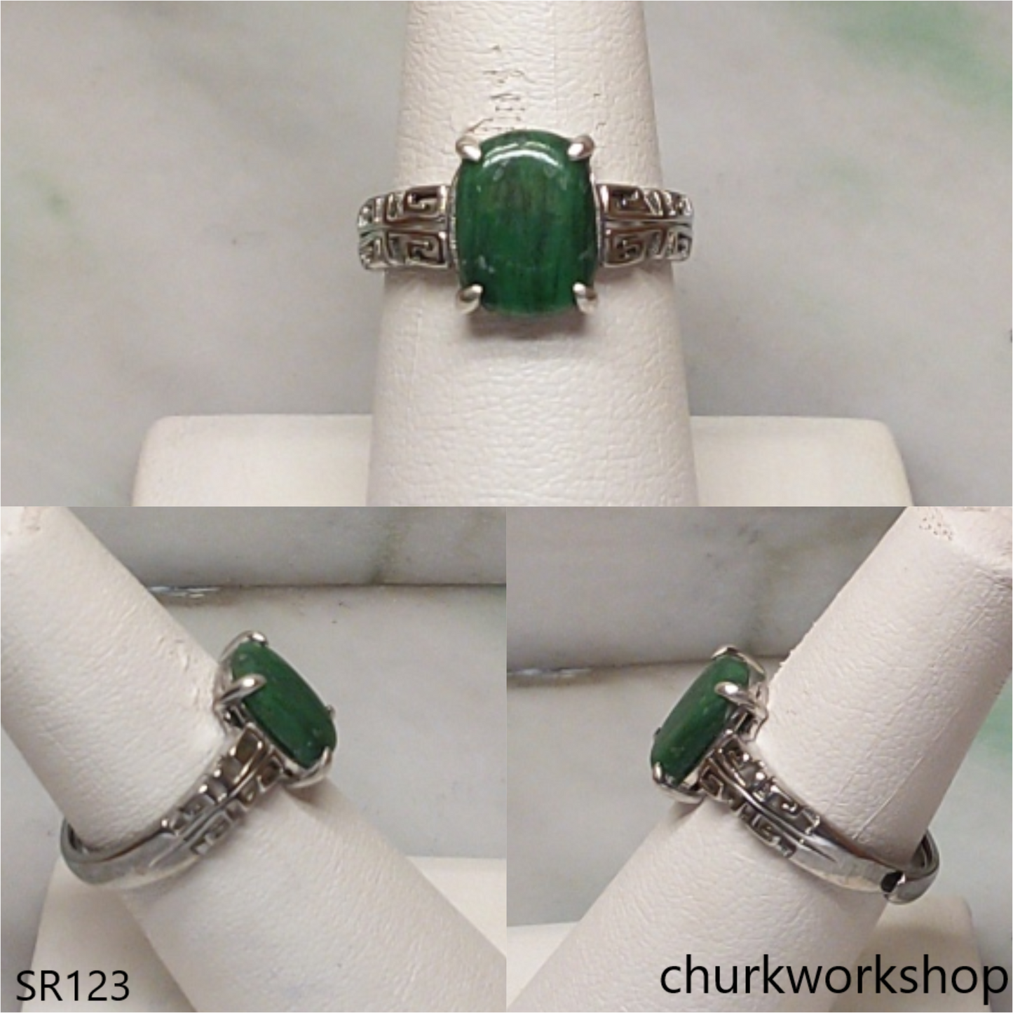 Silver dark green jade ring