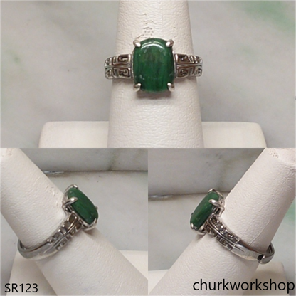 Silver dark green jade ring