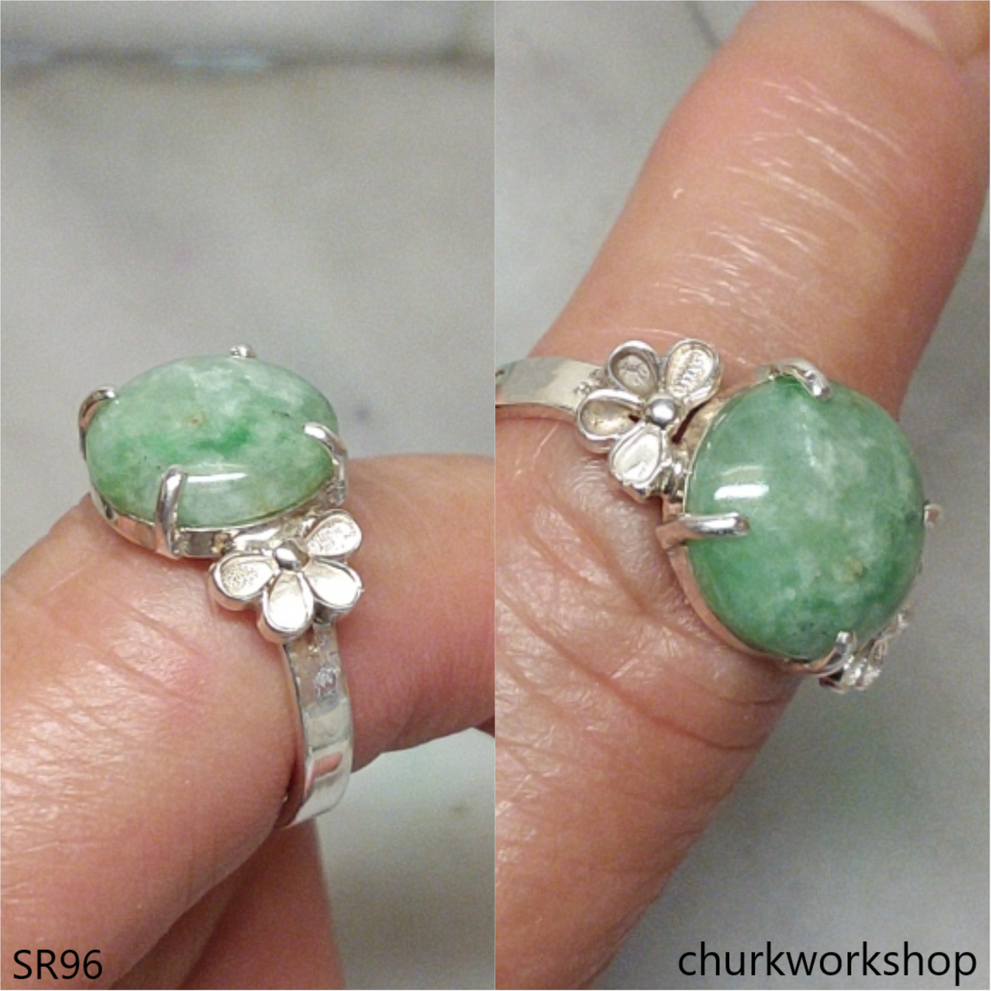 Light green jade ring sterling silver