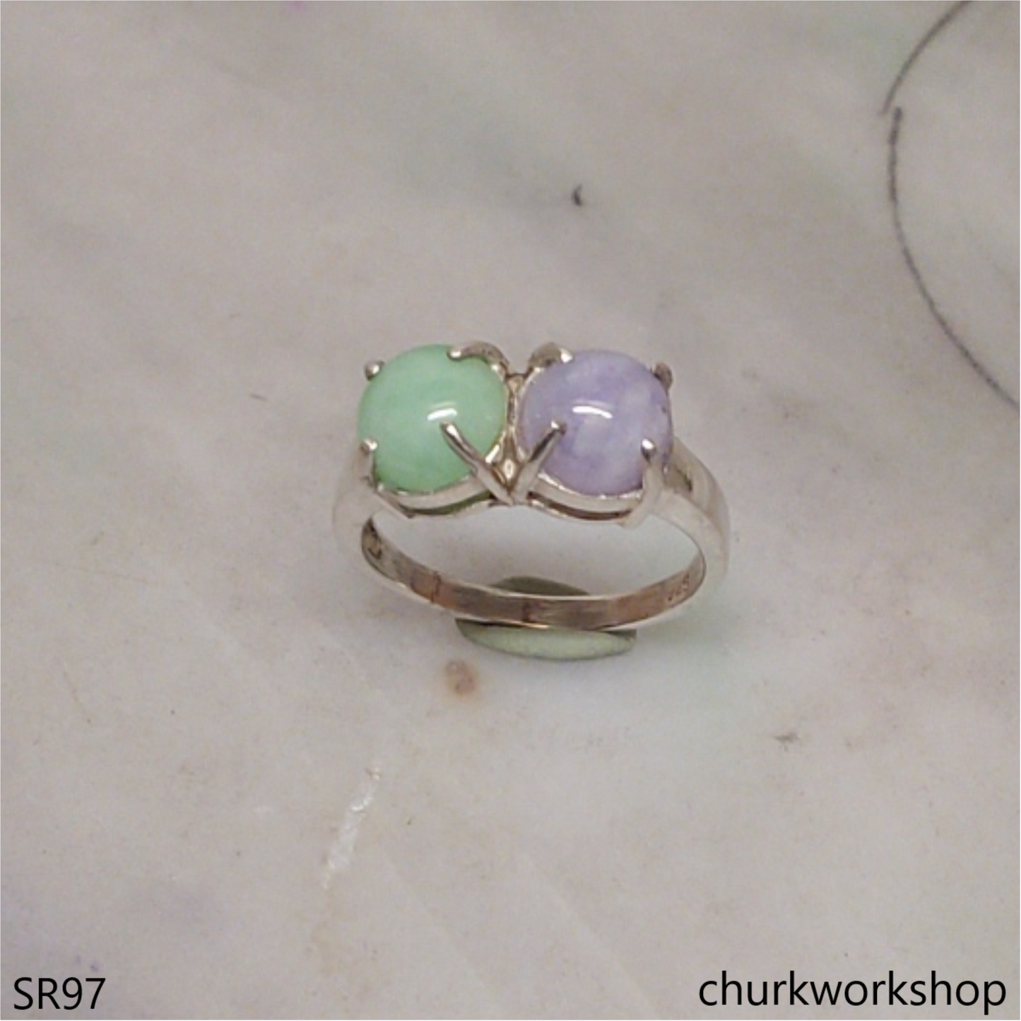 Light green & lavender jade ring sterling silver