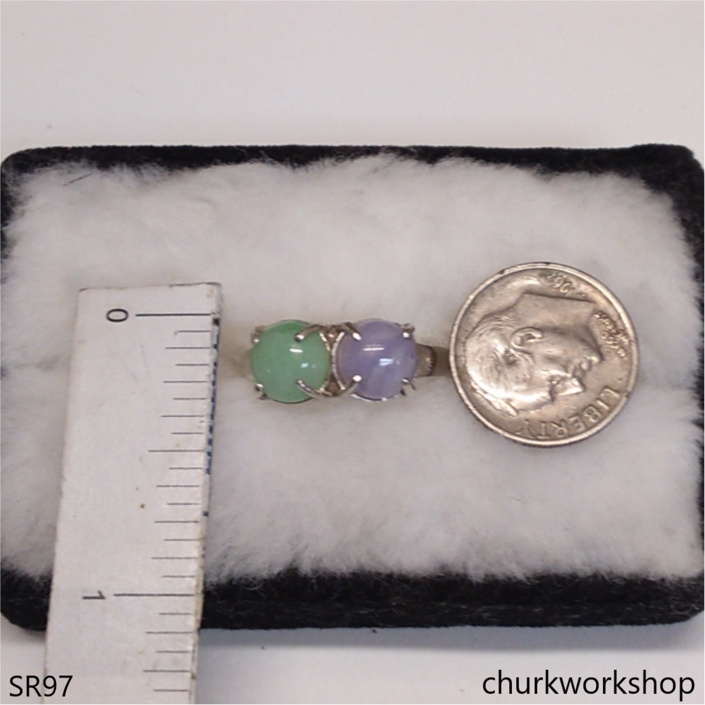 Light green & lavender jade ring sterling silver