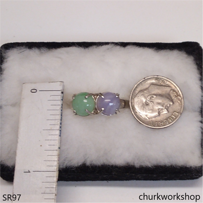 Light green & lavender jade ring sterling silver