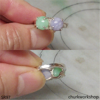 Light green & lavender jade ring sterling silver