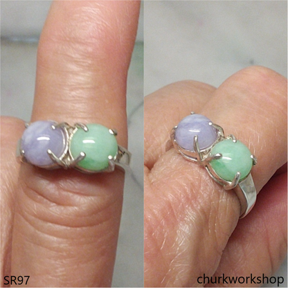 Light green & lavender jade ring sterling silver