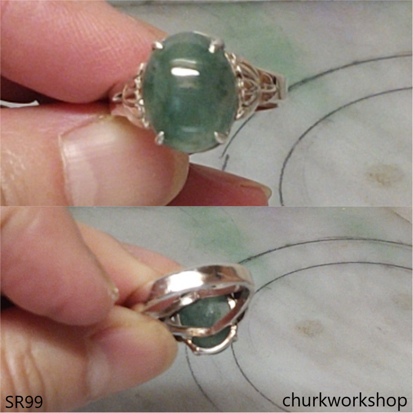 Bluish green jade sterling silver ring