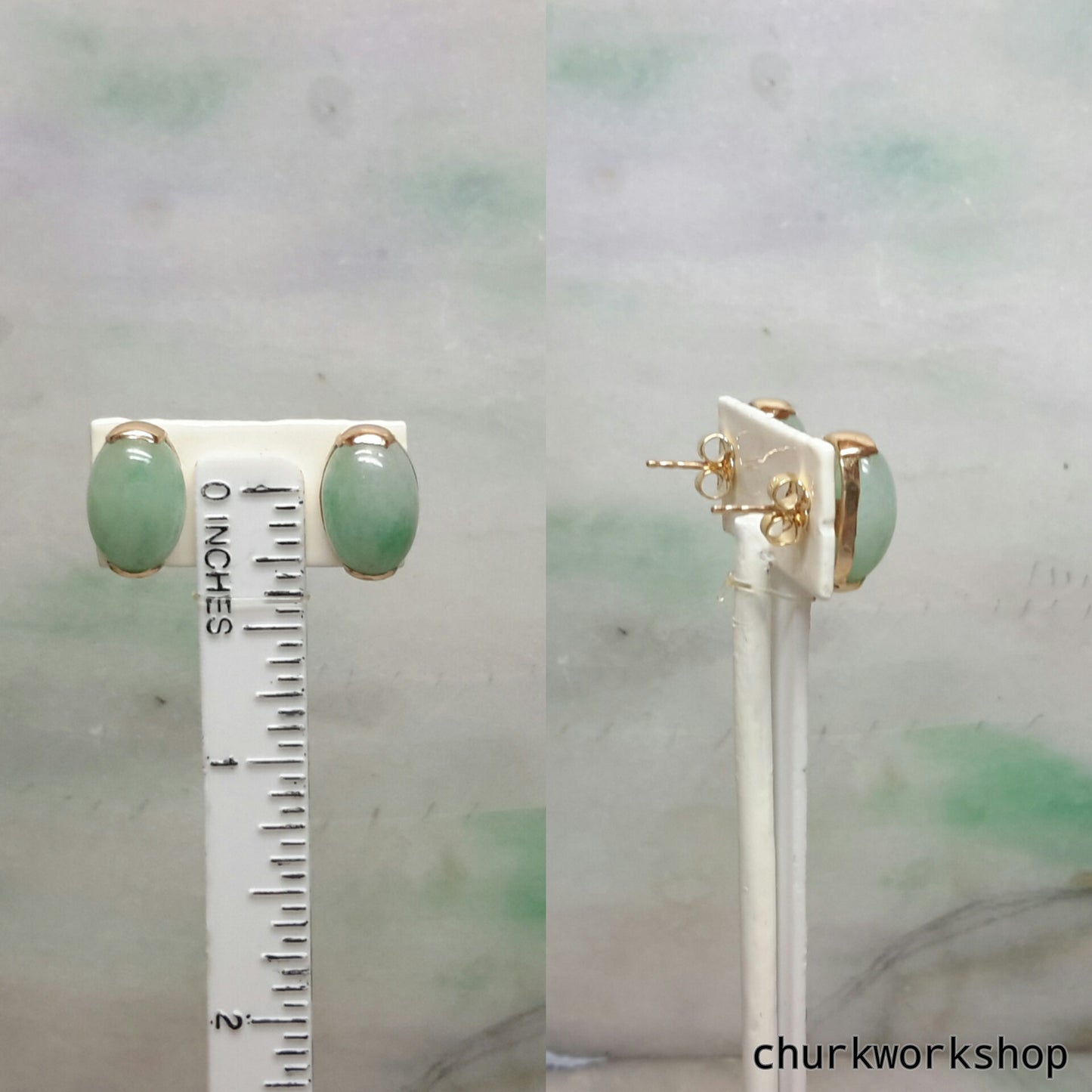 Light green jade cabochon 14K yellow gold ear studs