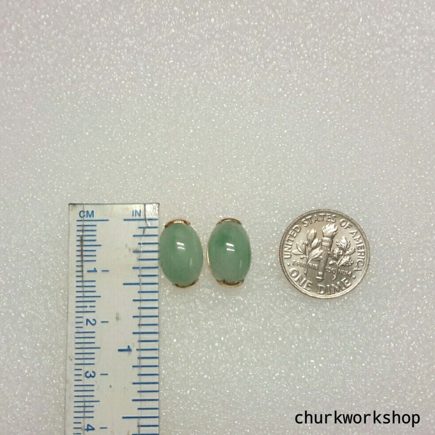 Light green jade cabochon 14K yellow gold ear studs