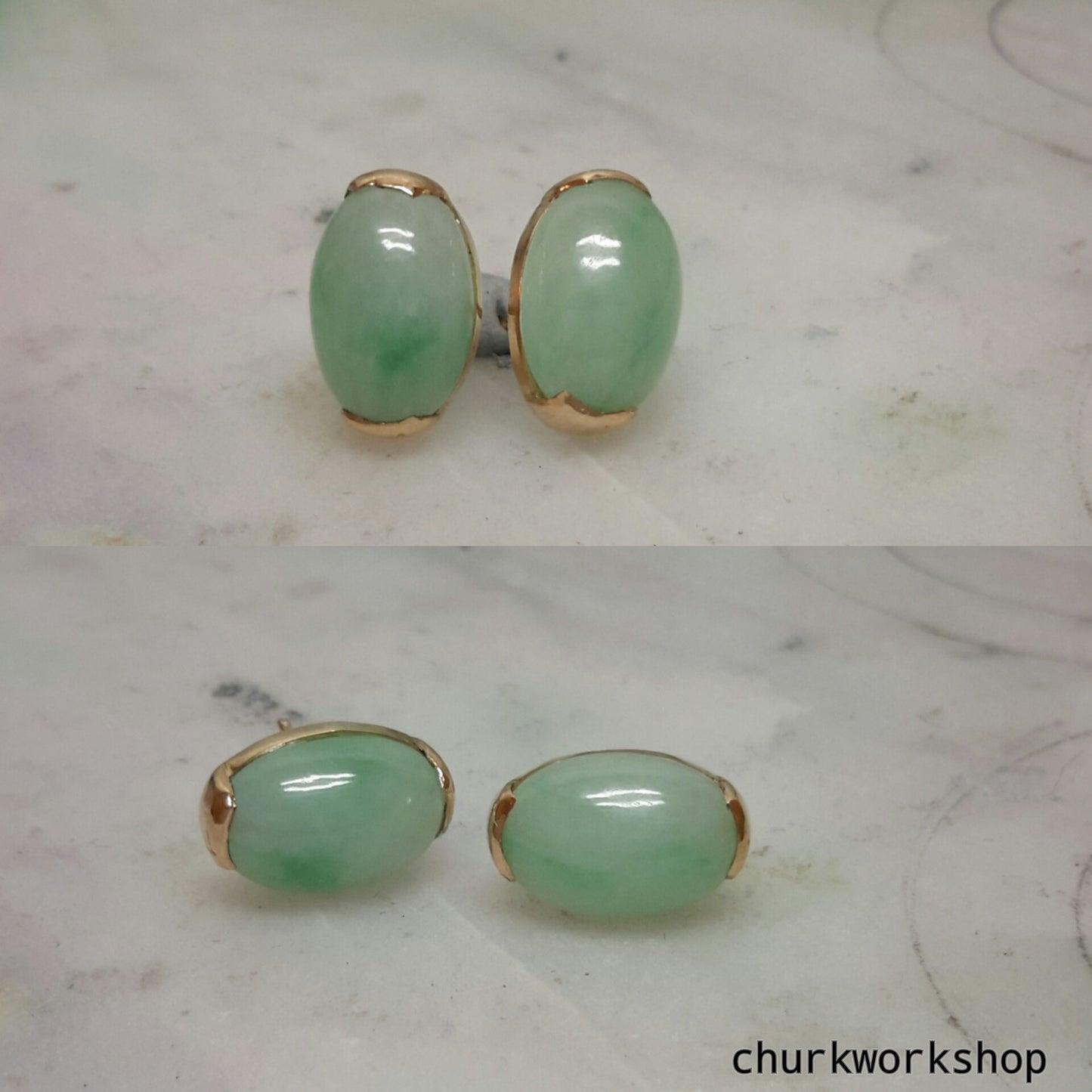 Light green jade cabochon 14K yellow gold ear studs