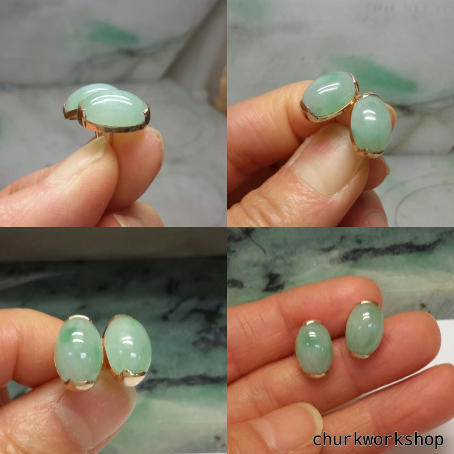 Light green jade cabochon 14K yellow gold ear studs