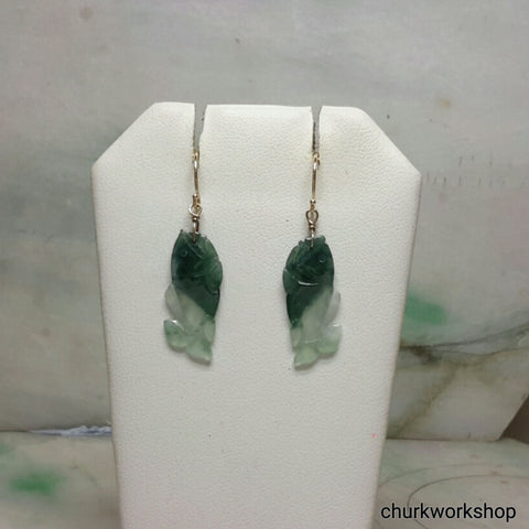 14K jade fish earrings, green jade earrings