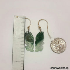 14K jade fish earrings, green jade earrings