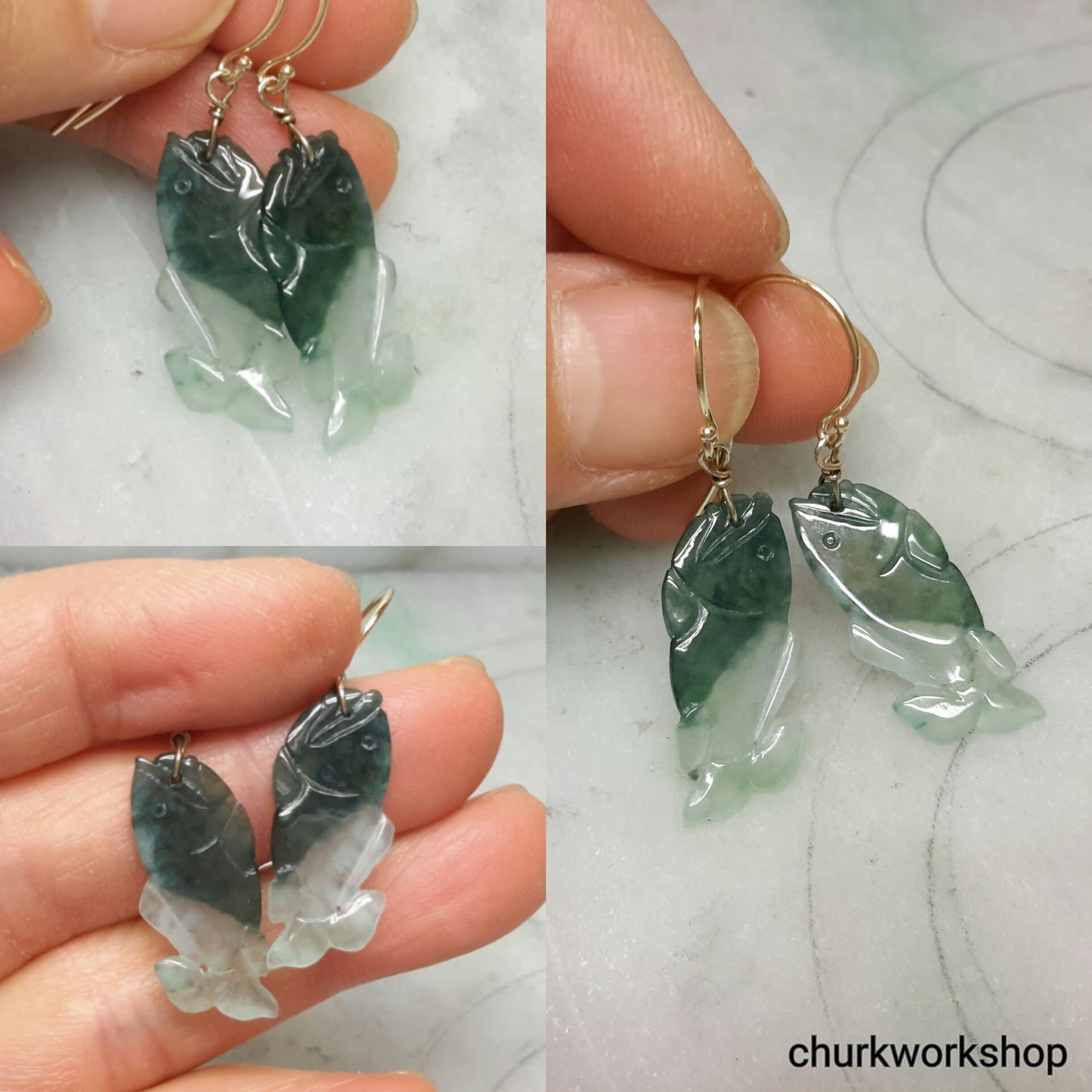 14K jade fish earrings, green jade earrings