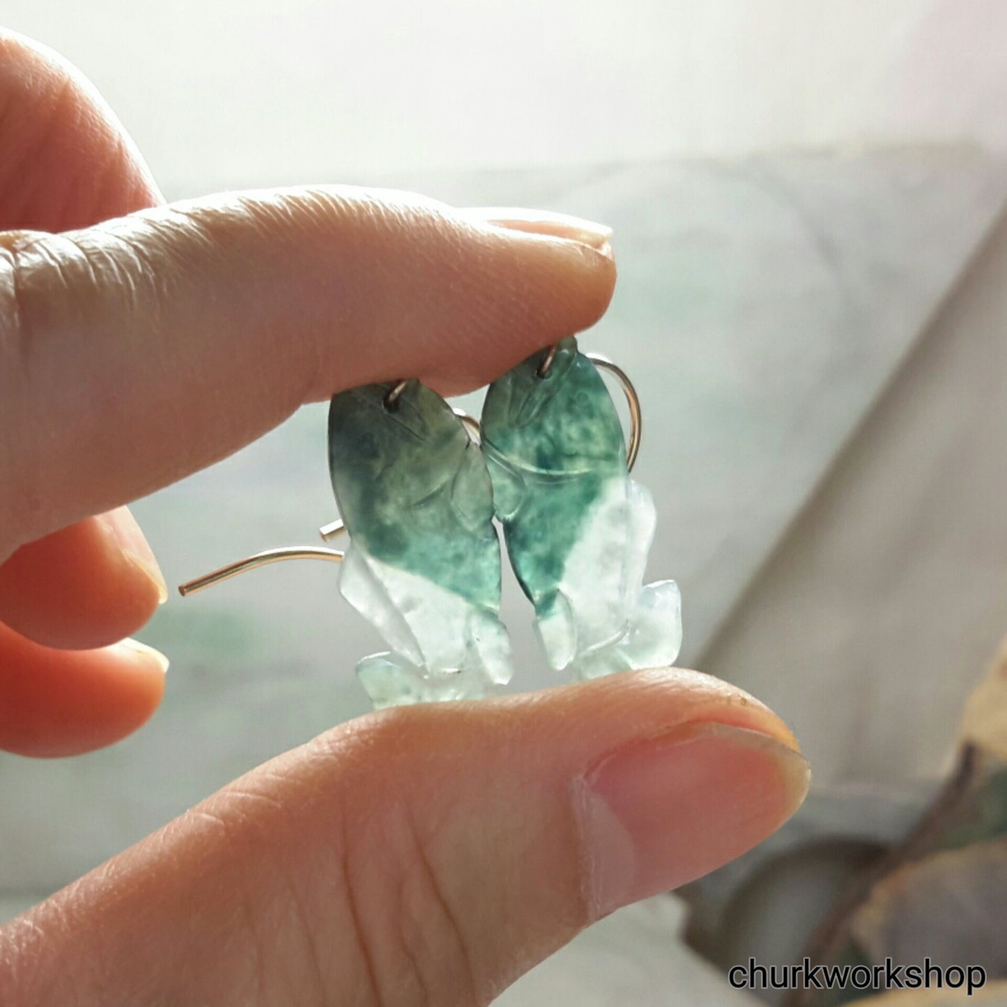 14K jade fish earrings, green jade earrings