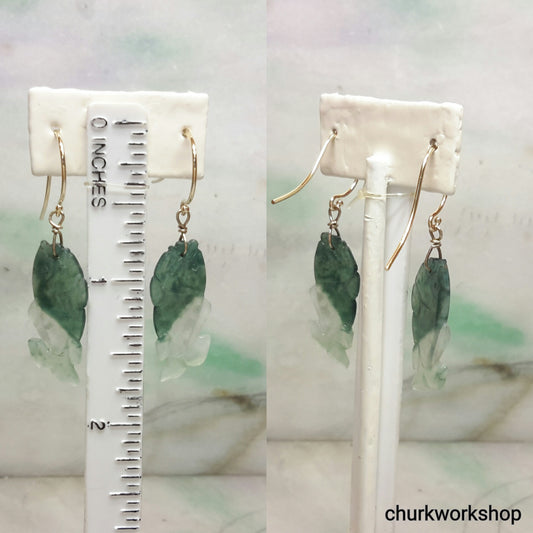 14K jade fish earrings, green jade earrings