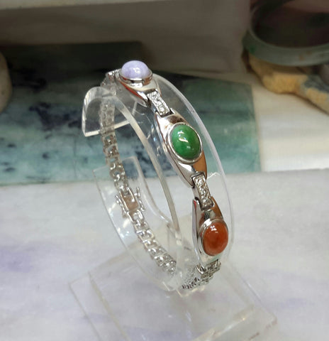 Tri-color jade silver bracelet