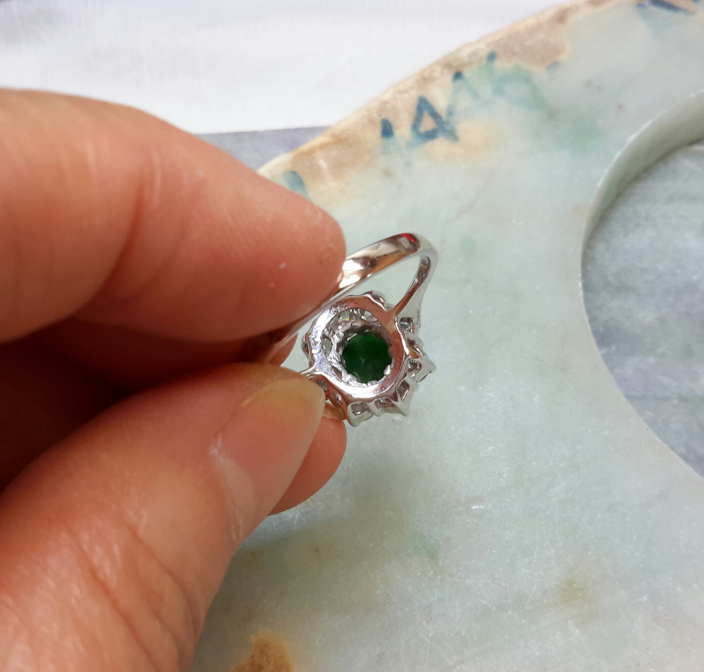 Dark green jade silver ring
