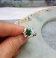 Dark green jade silver ring