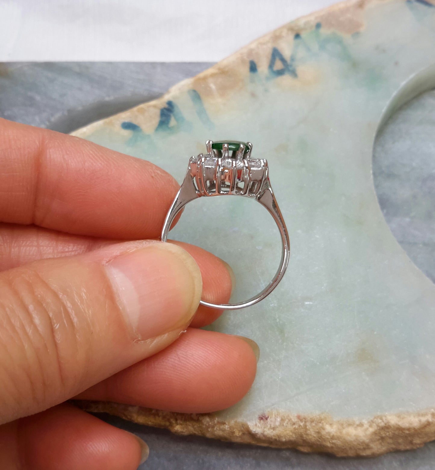 Dark green jade silver ring