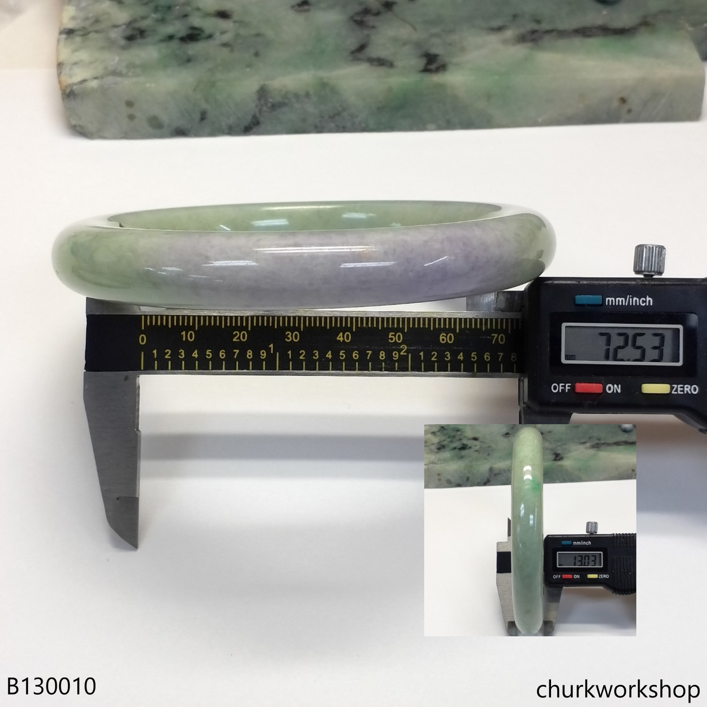 Upper arm light green with splotches lavender jade bangle