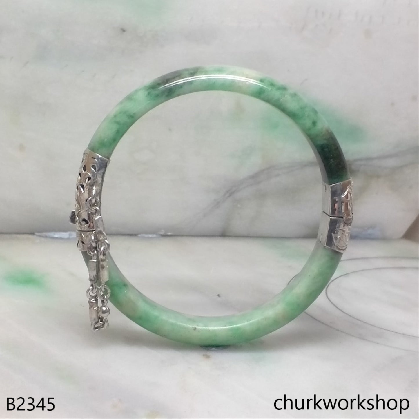 Green jade sterling silver hinge bangle