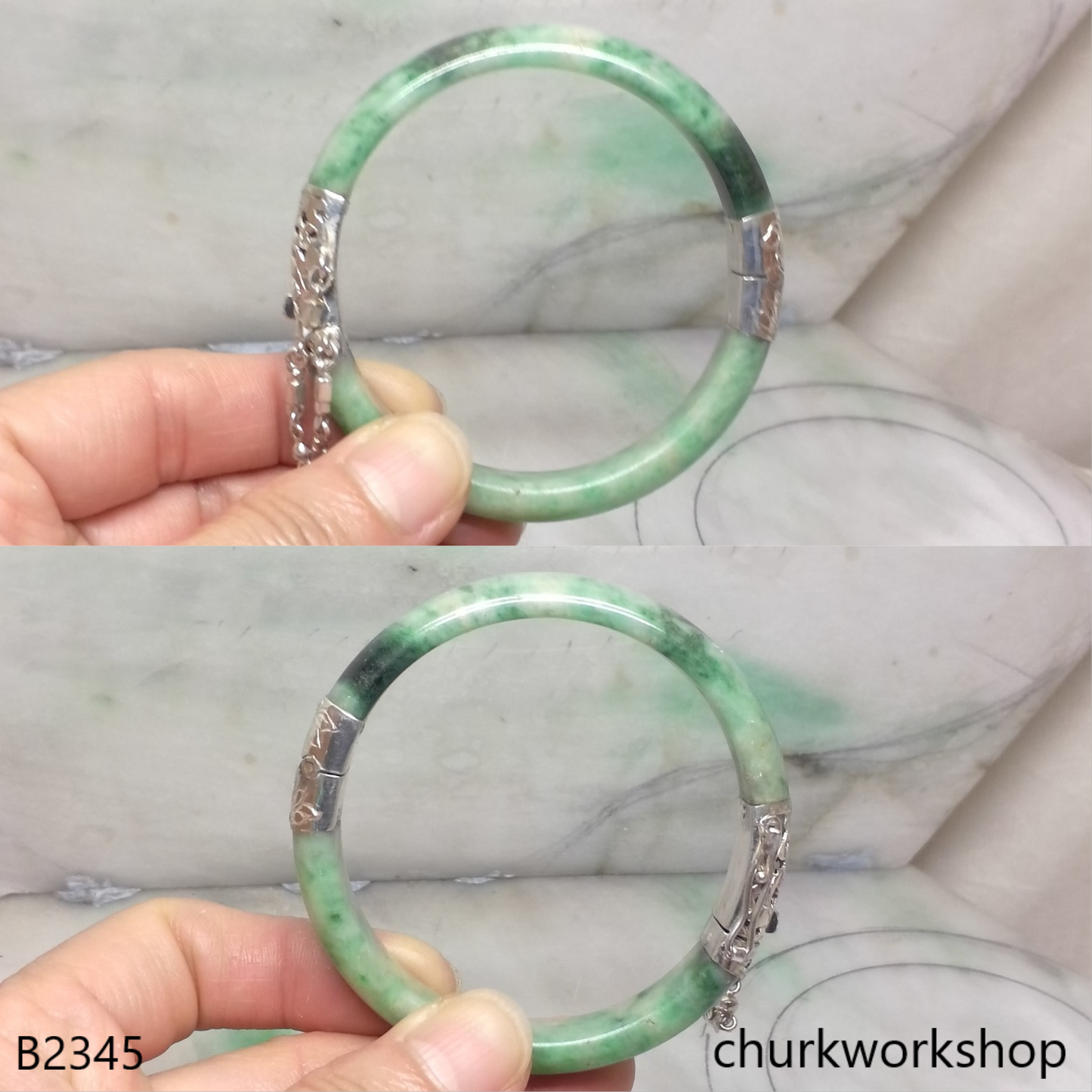 Green jade sterling silver hinge bangle
