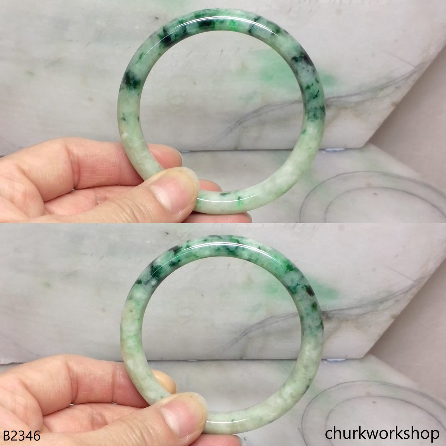Light green with splotches dark green jade bangle