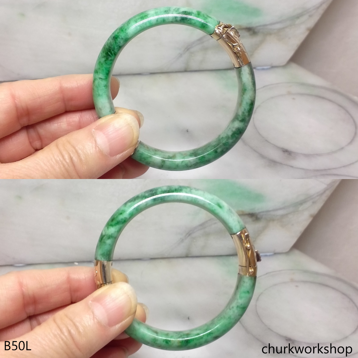 14K yellow gold green jade hinges bangle