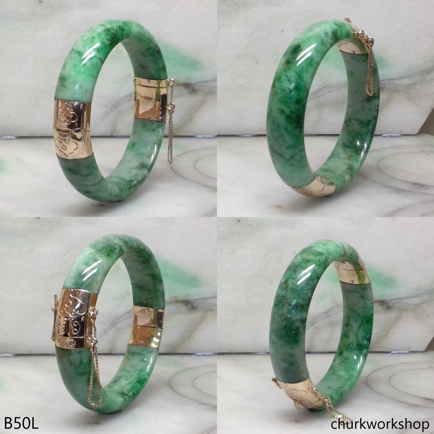 14K yellow gold green jade hinges bangle