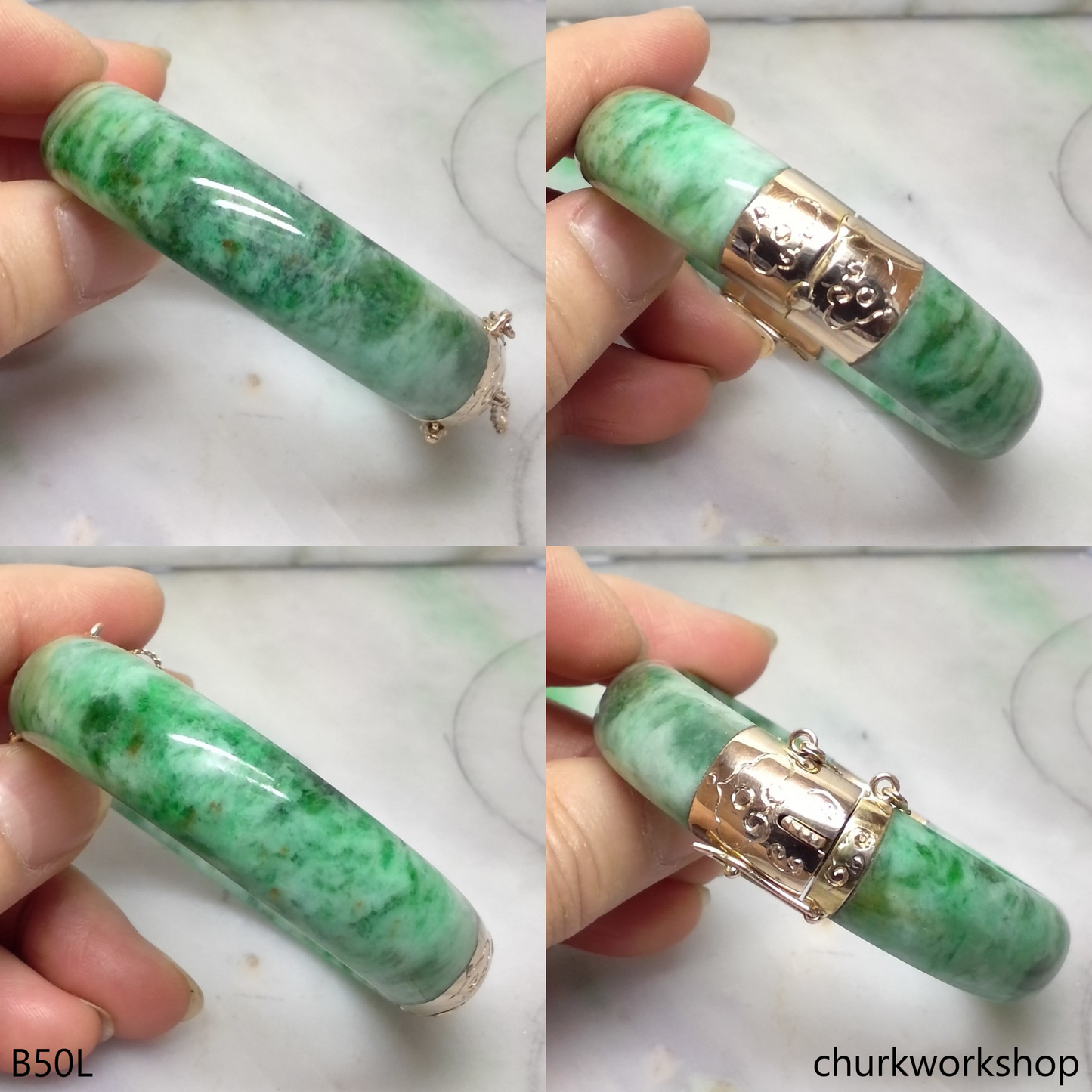 14K yellow gold green jade hinges bangle