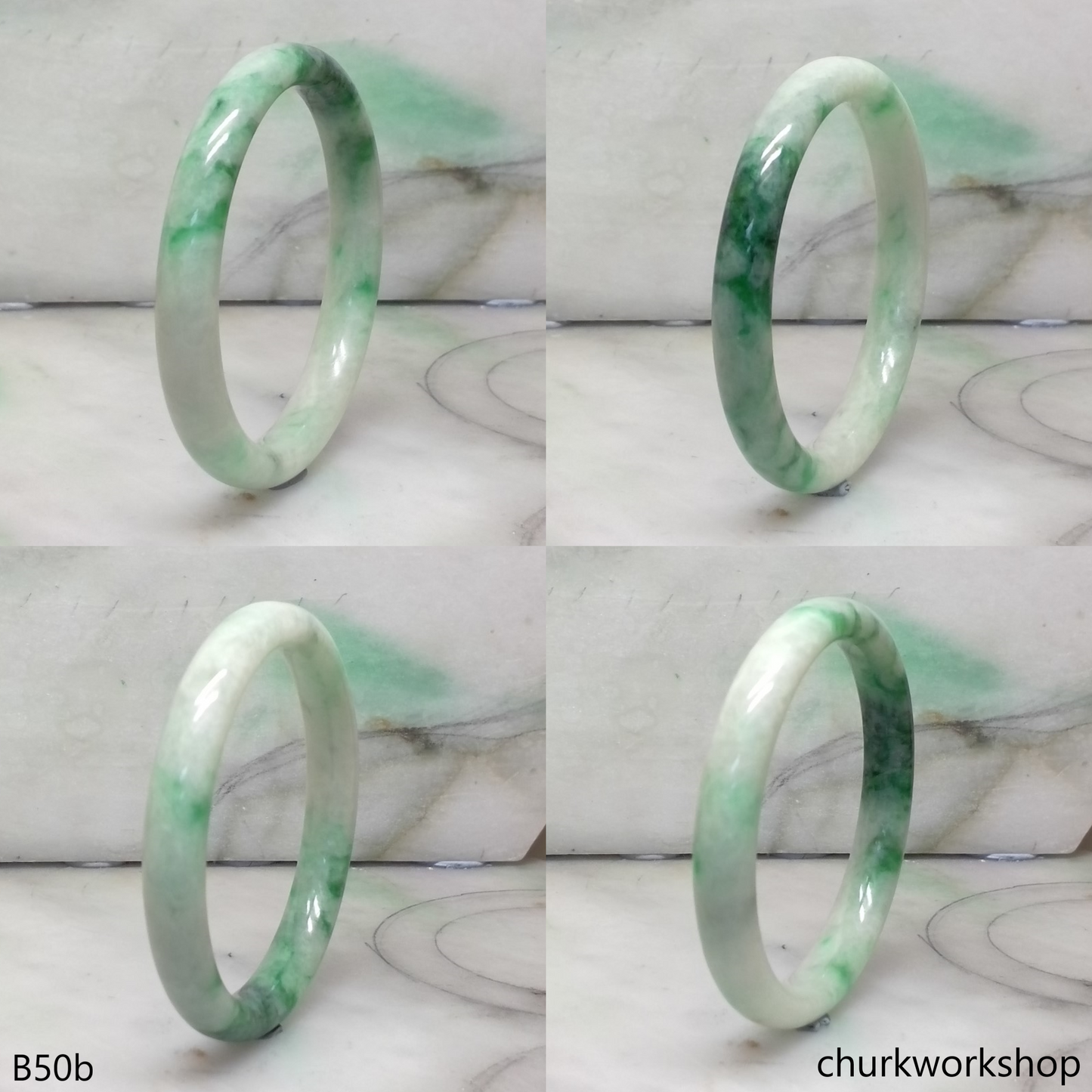Small white base with splotches green jade bangle