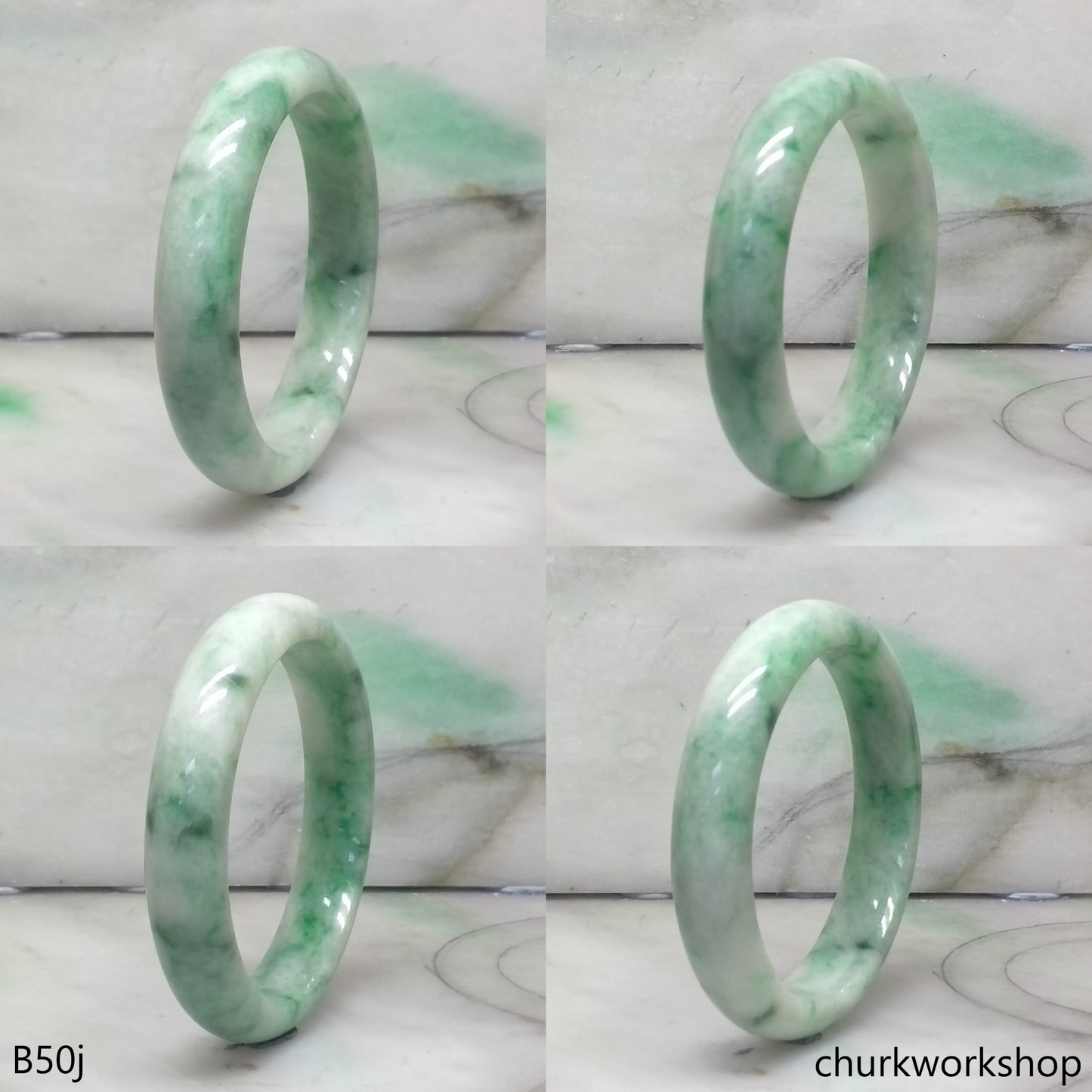 Small white base with splotches green jade bangle