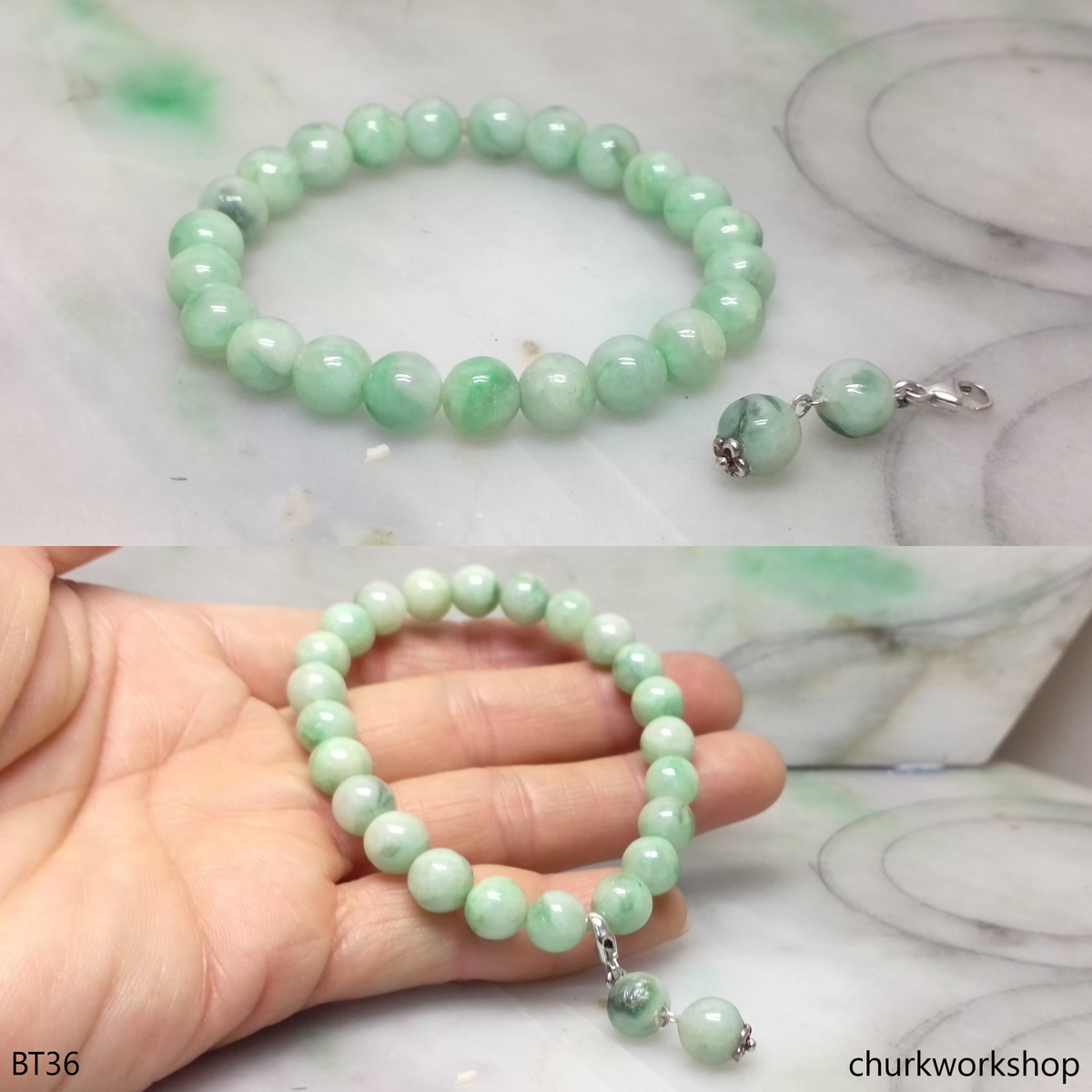 Light green beads jade bracelet with charm