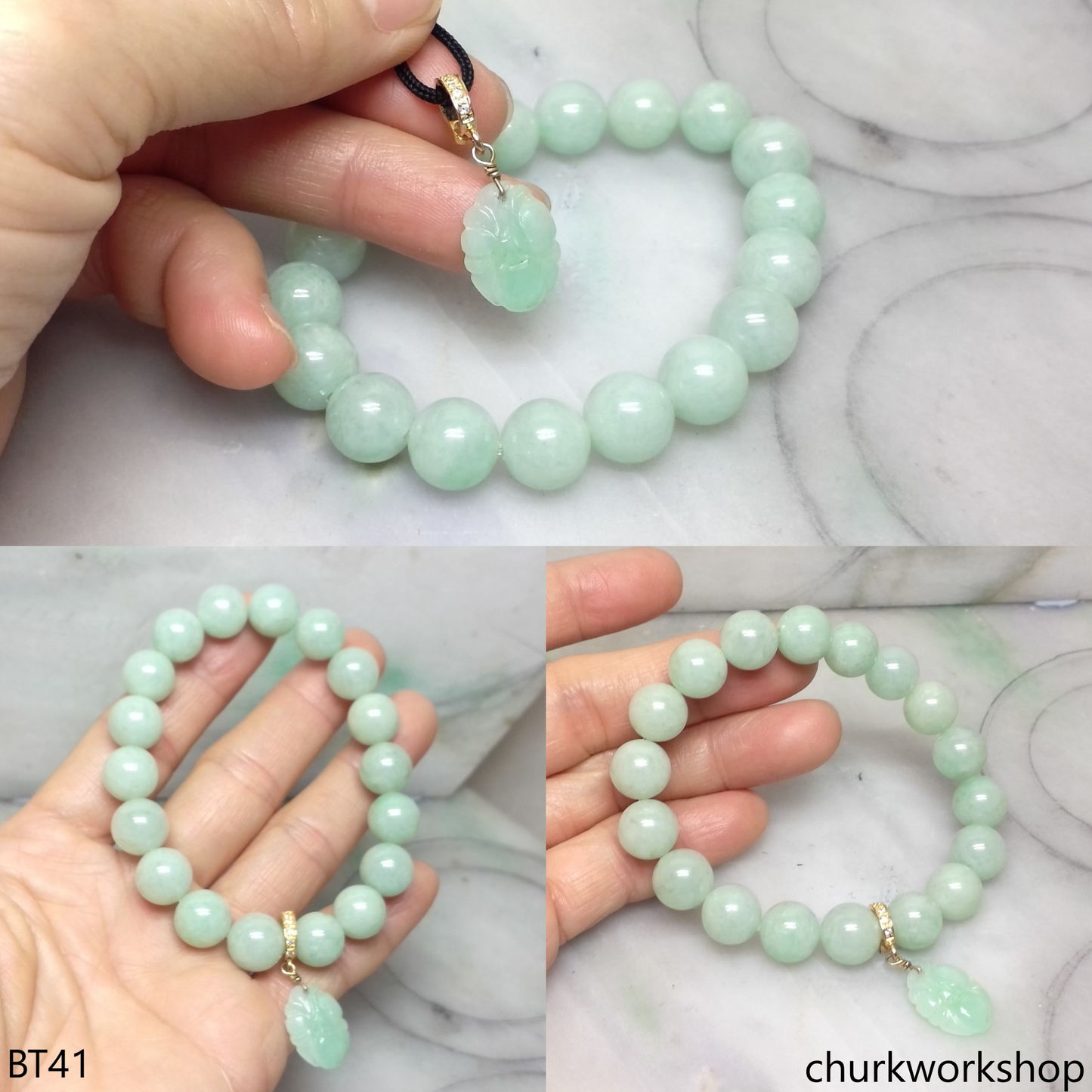 Light green beads jade bracelet with charm