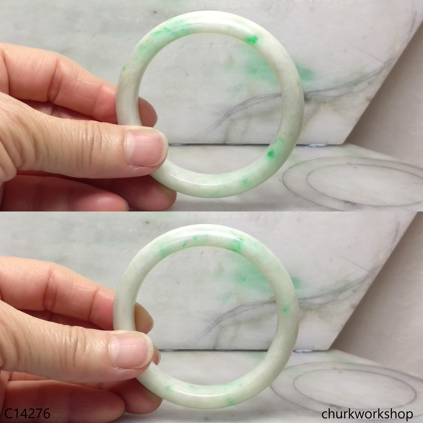 White base with splotches apple green jade bangle
