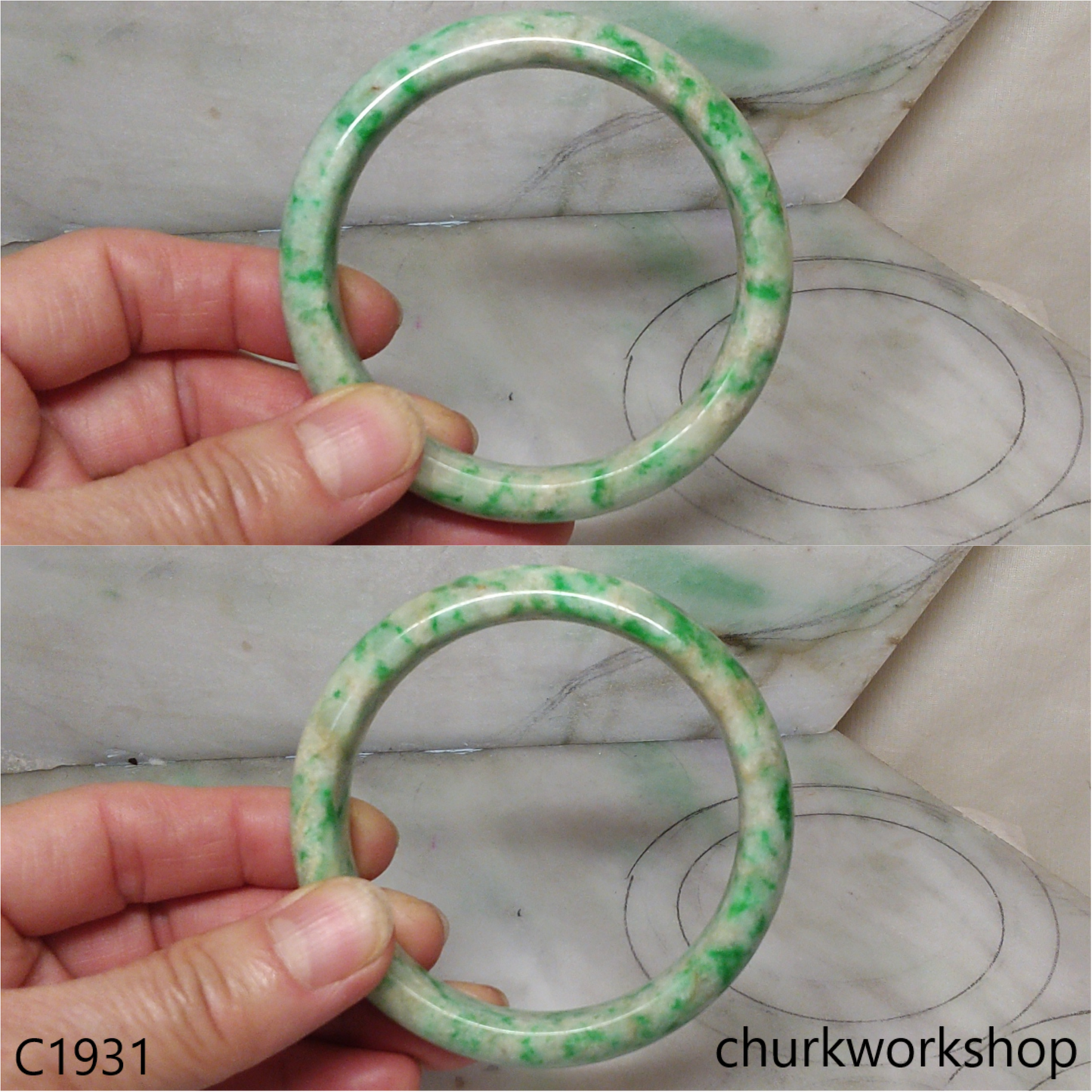 Pale yellowish base with green splotches  jade bangle