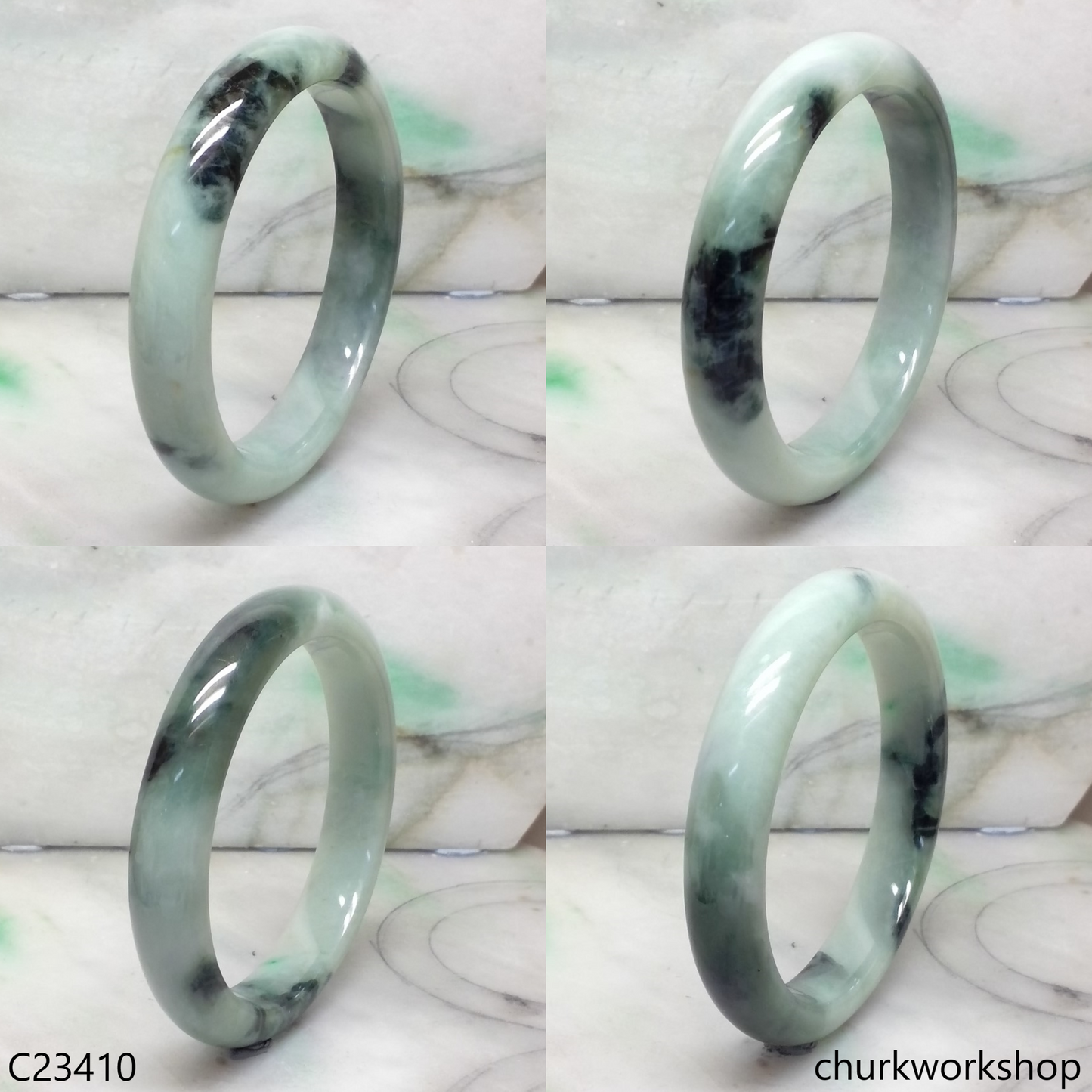 Large light green with splotches dark and bluish green jade bangle