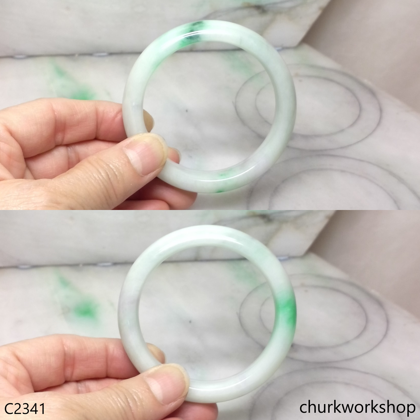 White base with splotches apple green  jade bangle